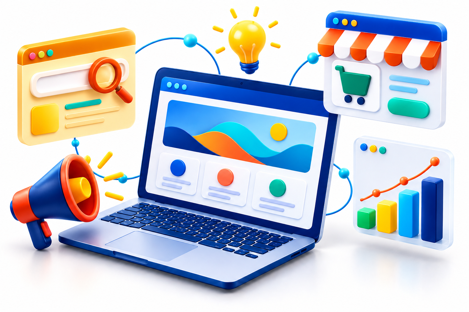 Illustration of a laptop with search, e-commerce and analytics tools
