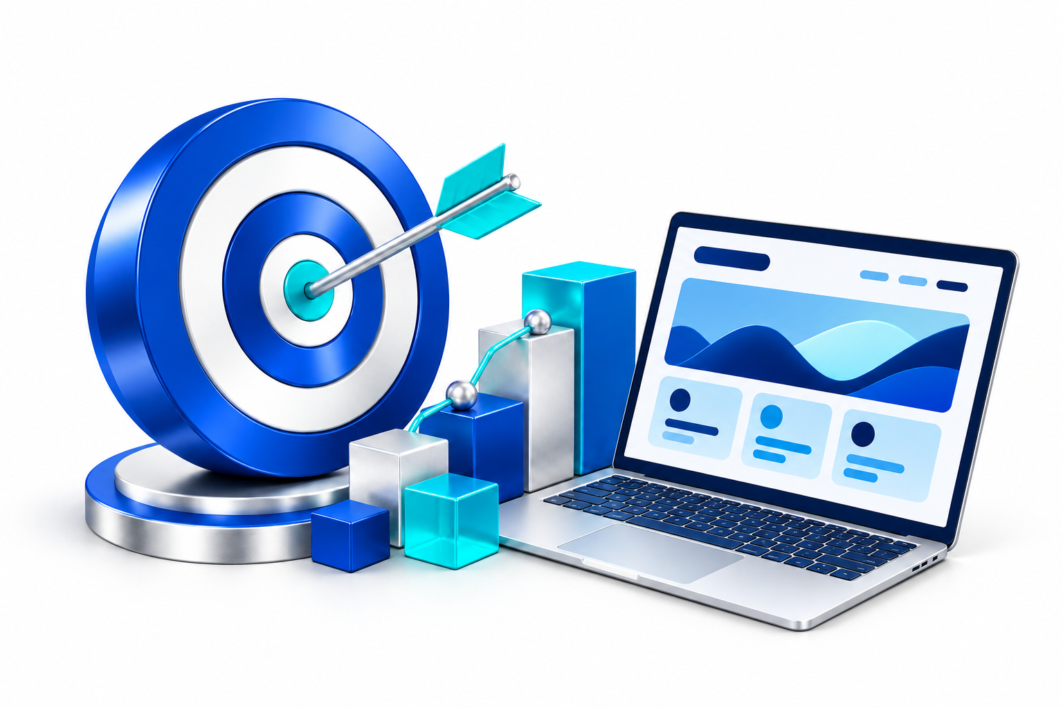 3D illustration of a blue target, arrow and laptop