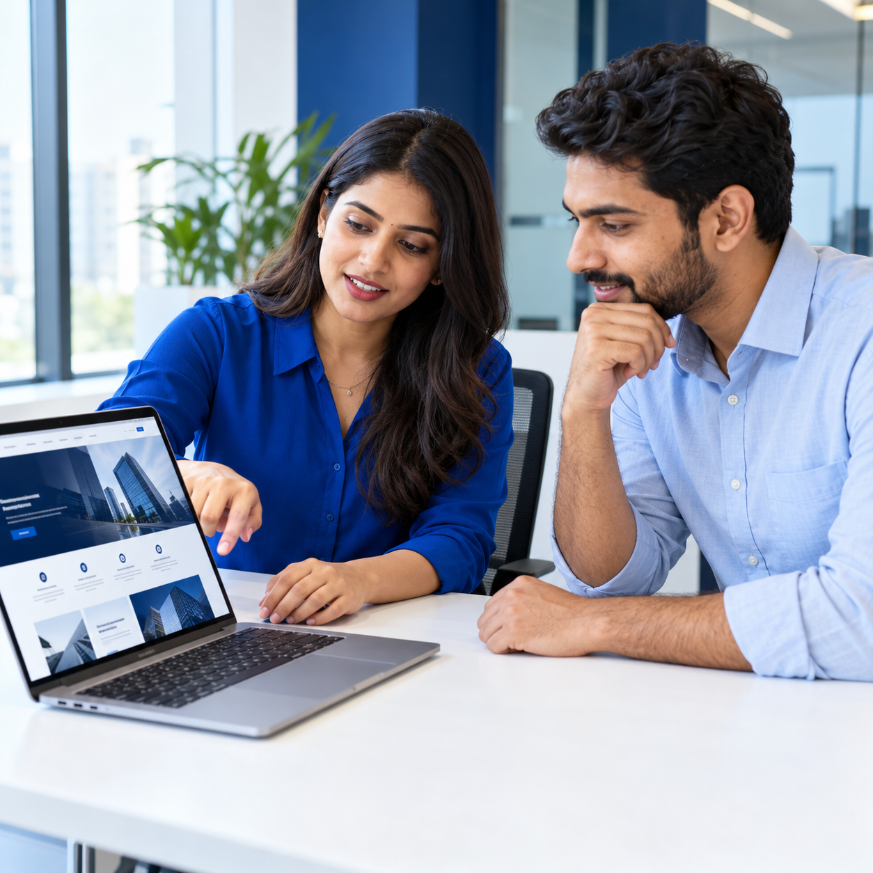 Indian professionals reviewing a website design on a laptop