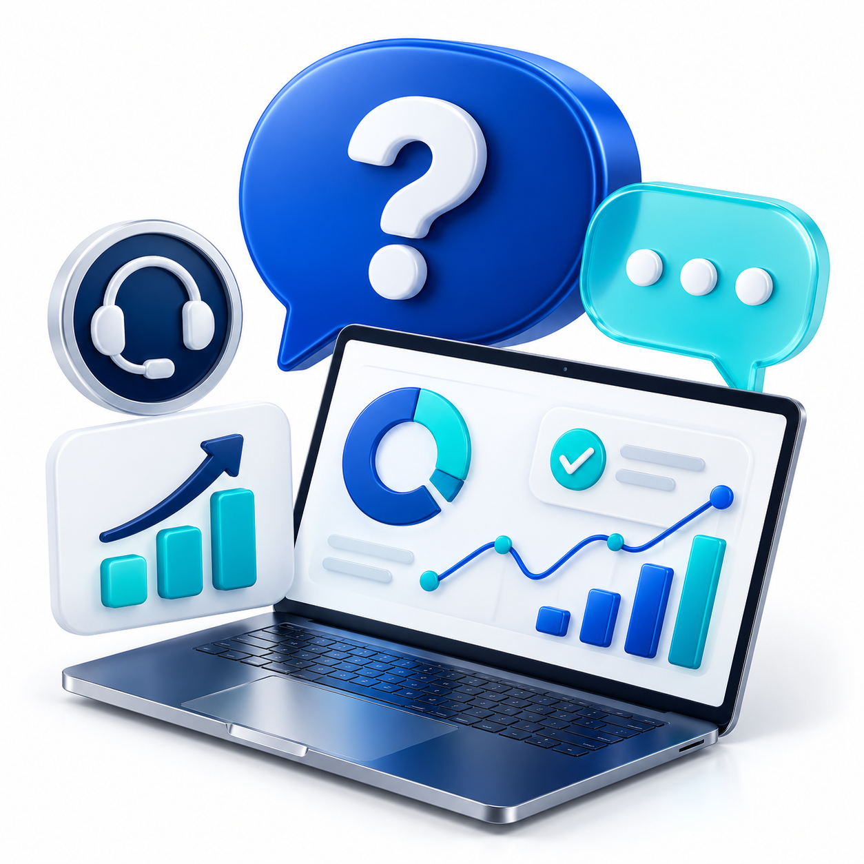 3D illustration of a laptop with question and chat bubbles