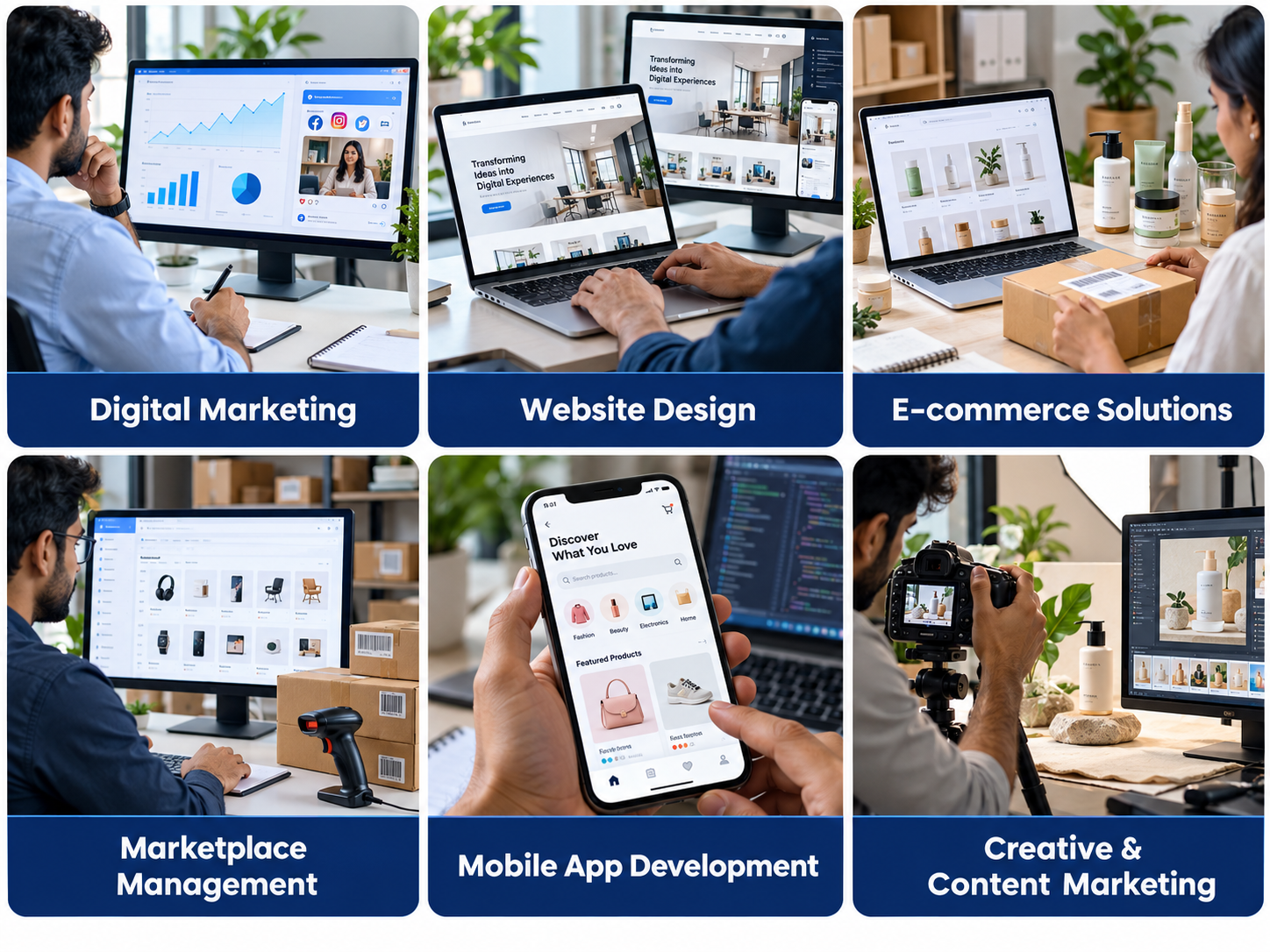 Digital marketing, website design, e-commerce solutions, marketplace management, mobile app development, and creative and content marketing.