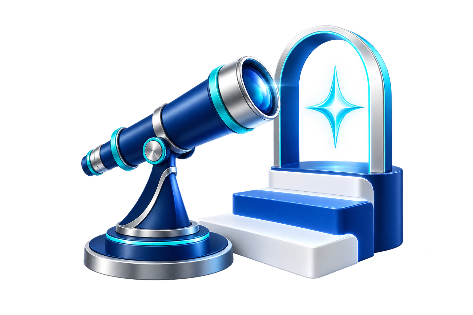 3D illustration of a blue telescope beside steps and a glowing star